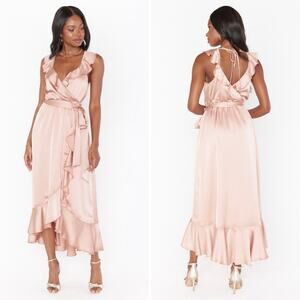 show me your mumu samantha ruffle wrap dress rose gold luxe satin small